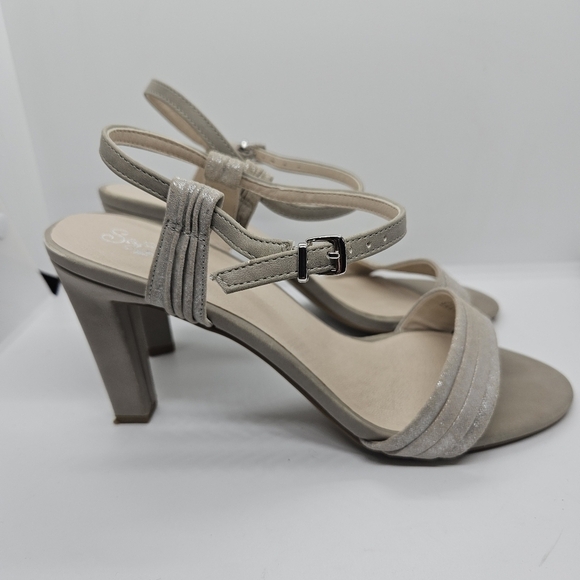 Seychelles taupe and silver leather strappy heeled sandals size 10 - Picture 1 of 9